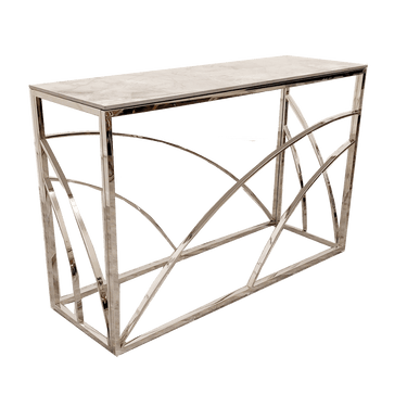 Stella Chrome Console Table - Elegant Ash Grey Sintered Top, H: 77cm W: 120cm D: 40cm - UK Luxury Furniture